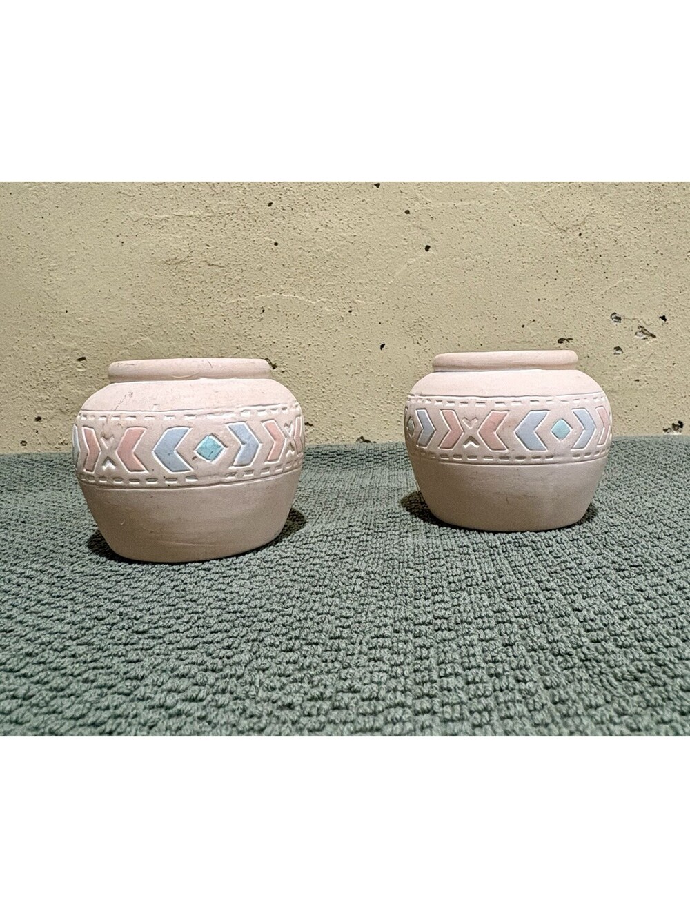 Vintage Southwestern Ceramic Vases - Pastel Pink & Blue Geometric - Set of 2